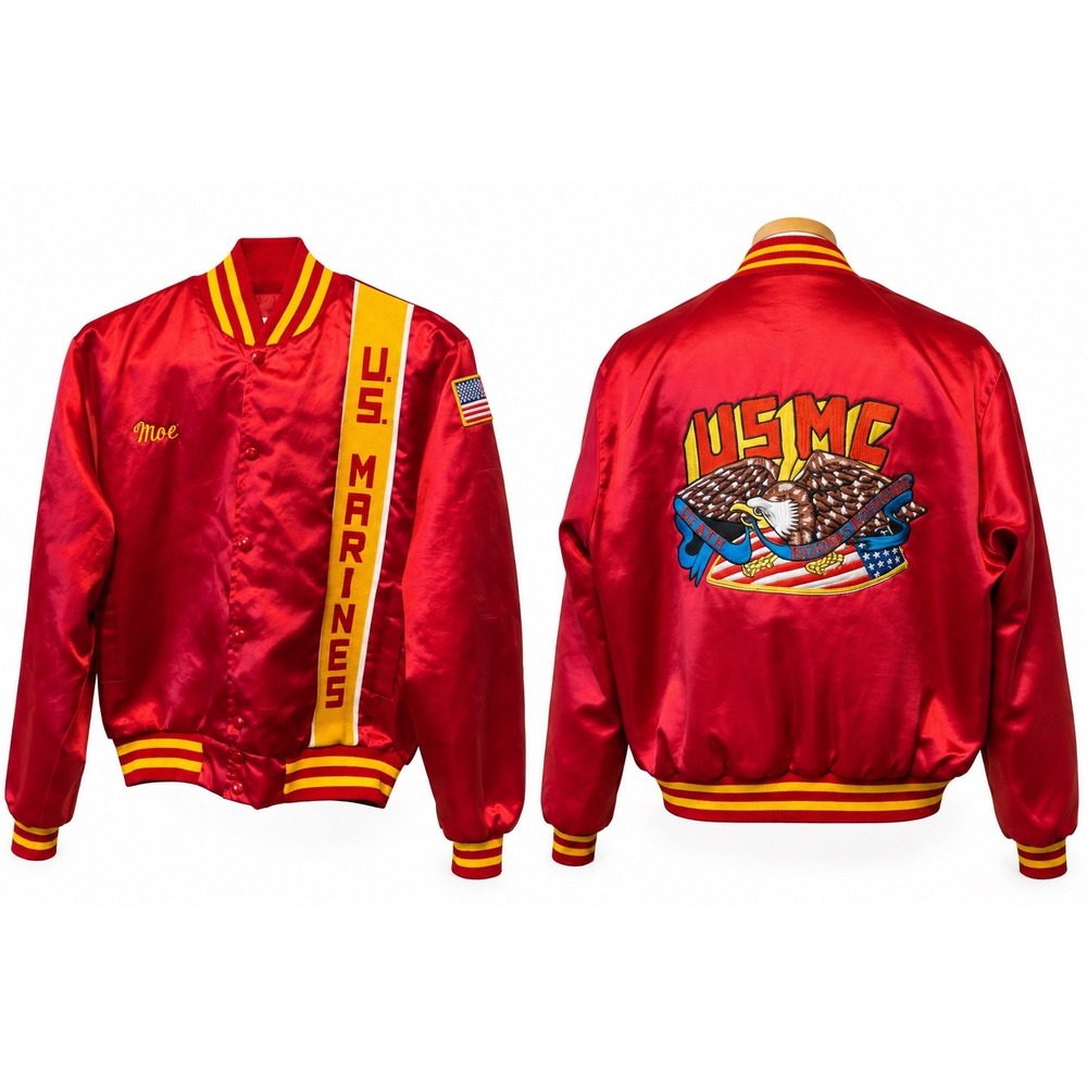 Vintage 1980's Swingster US Marines Red Satin Varsity Jacket Mens M Made In USA
